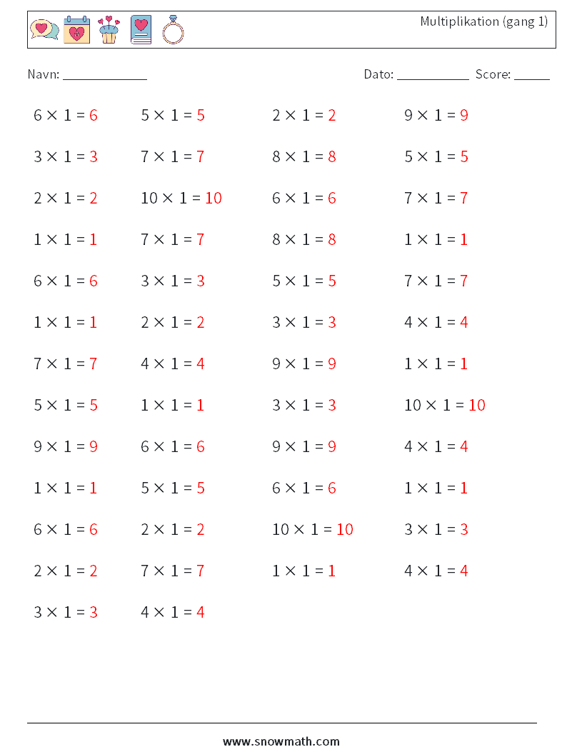 (50) Multiplikation (gang 1) Matematiske regneark 4 Spørgsmål, svar