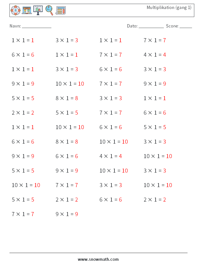 (50) Multiplikation (gang 1) Matematiske regneark 5 Spørgsmål, svar