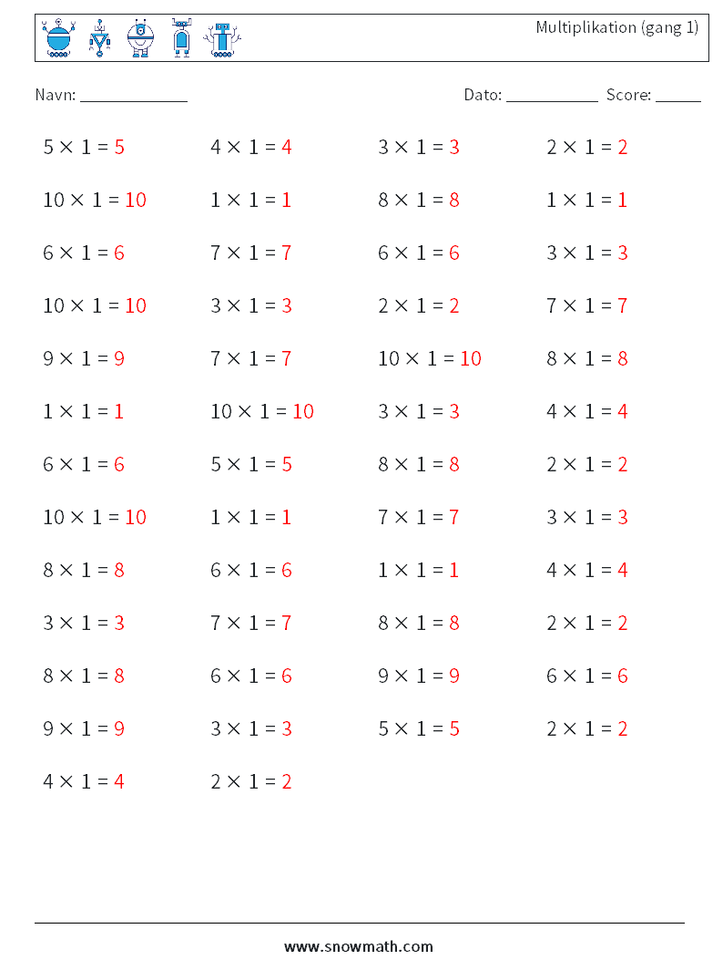 (50) Multiplikation (gang 1) Matematiske regneark 6 Spørgsmål, svar