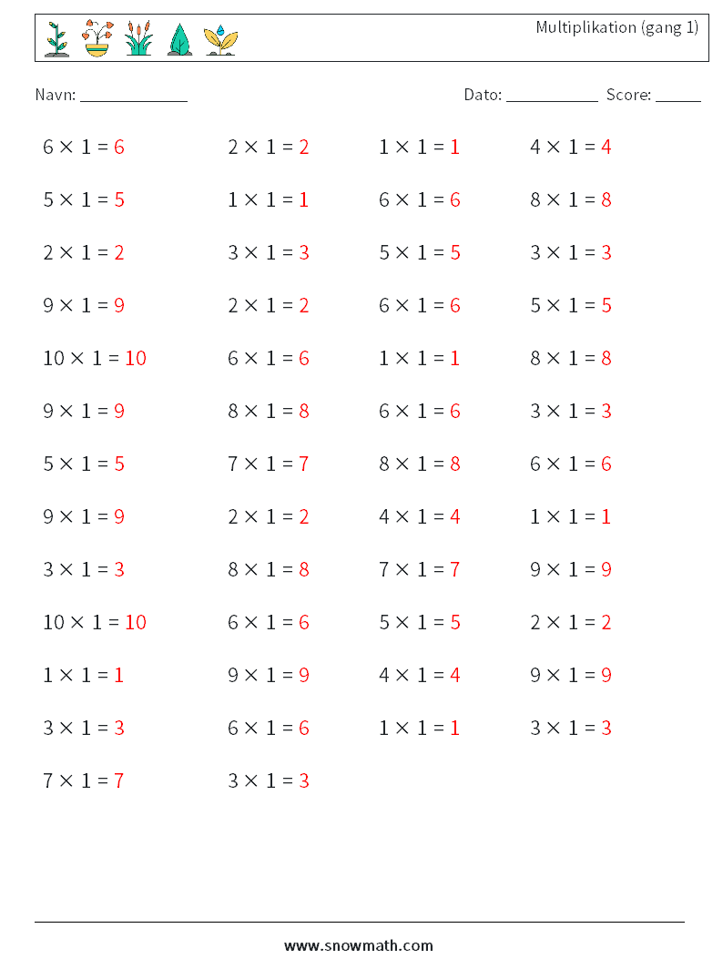 (50) Multiplikation (gang 1) Matematiske regneark 8 Spørgsmål, svar