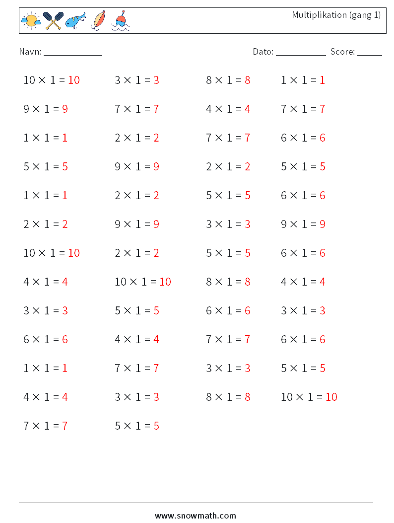 (50) Multiplikation (gang 1) Matematiske regneark 9 Spørgsmål, svar
