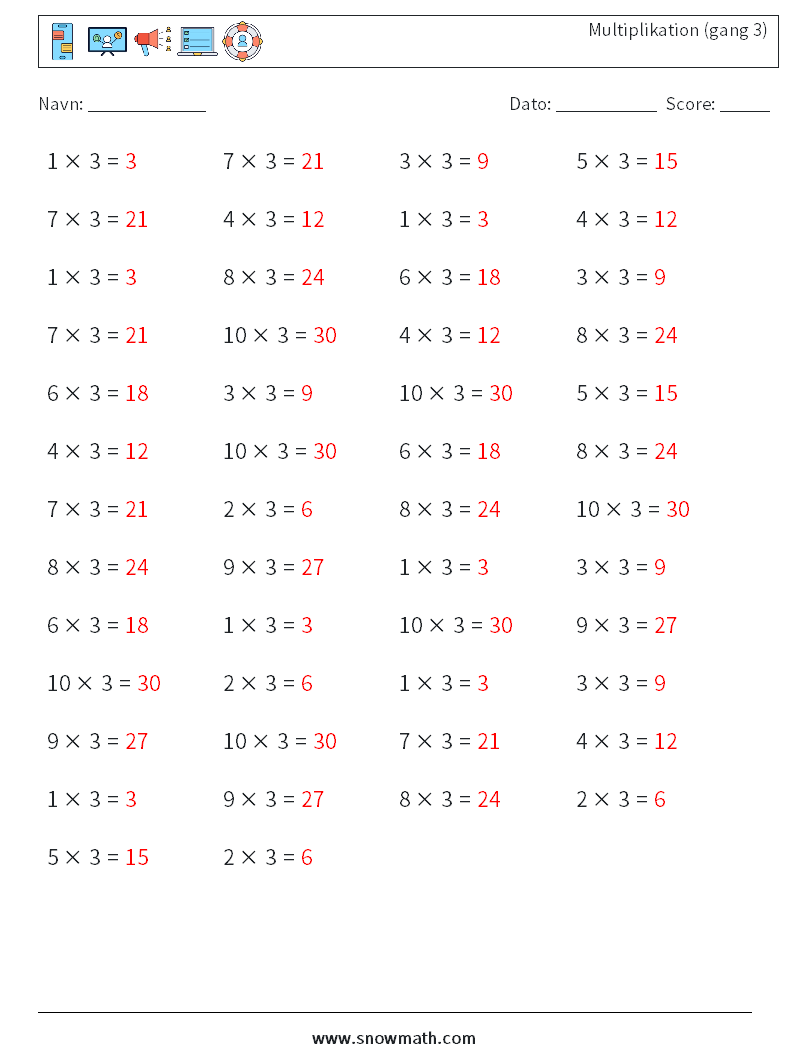 (50) Multiplikation (gang 3) Matematiske regneark 1 Spørgsmål, svar