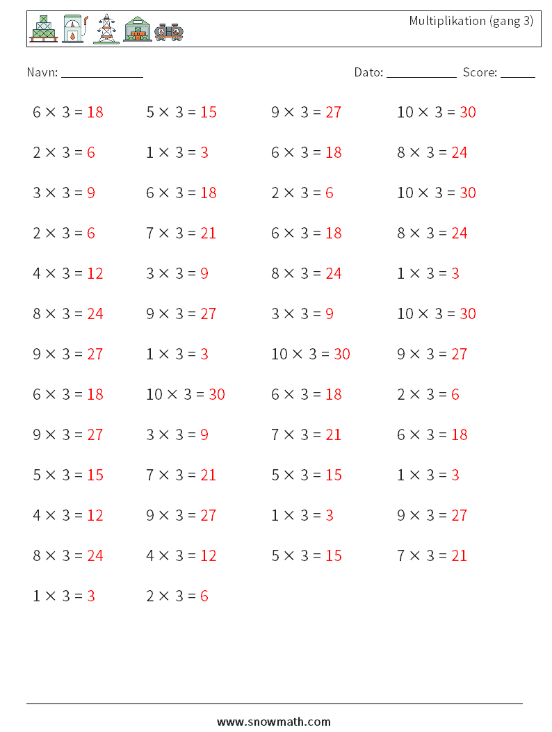 (50) Multiplikation (gang 3) Matematiske regneark 2 Spørgsmål, svar