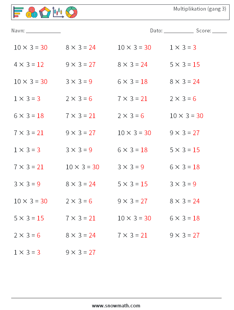 (50) Multiplikation (gang 3) Matematiske regneark 3 Spørgsmål, svar