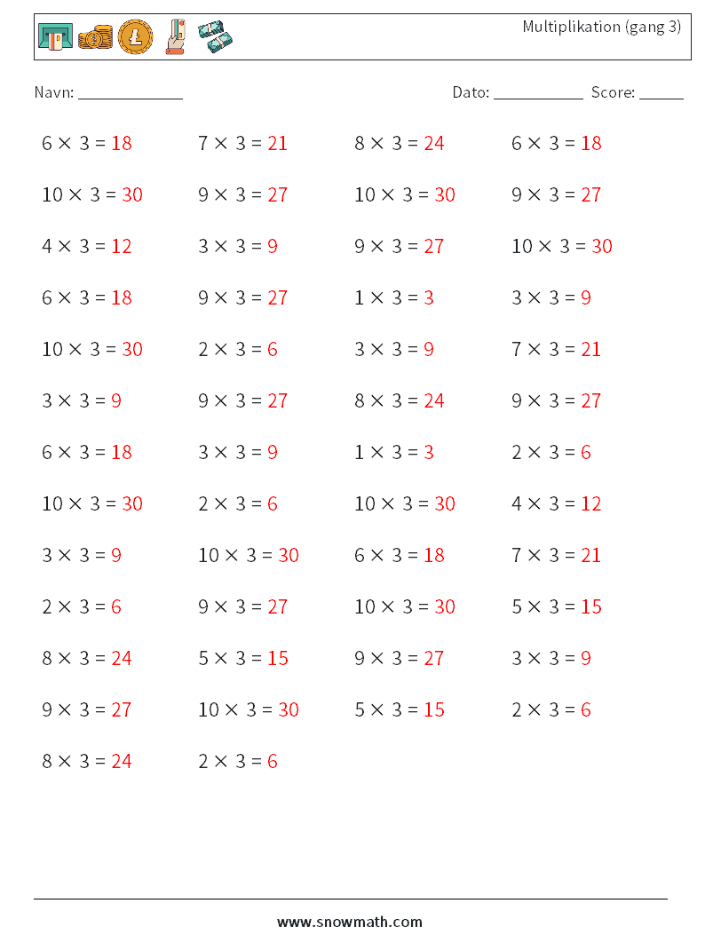 (50) Multiplikation (gang 3) Matematiske regneark 4 Spørgsmål, svar