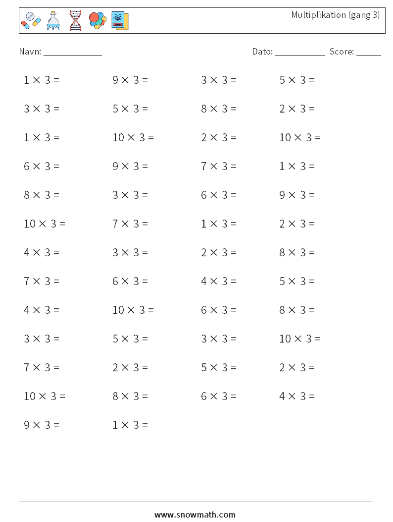 (50) Multiplikation (gang 3) Matematiske regneark 5