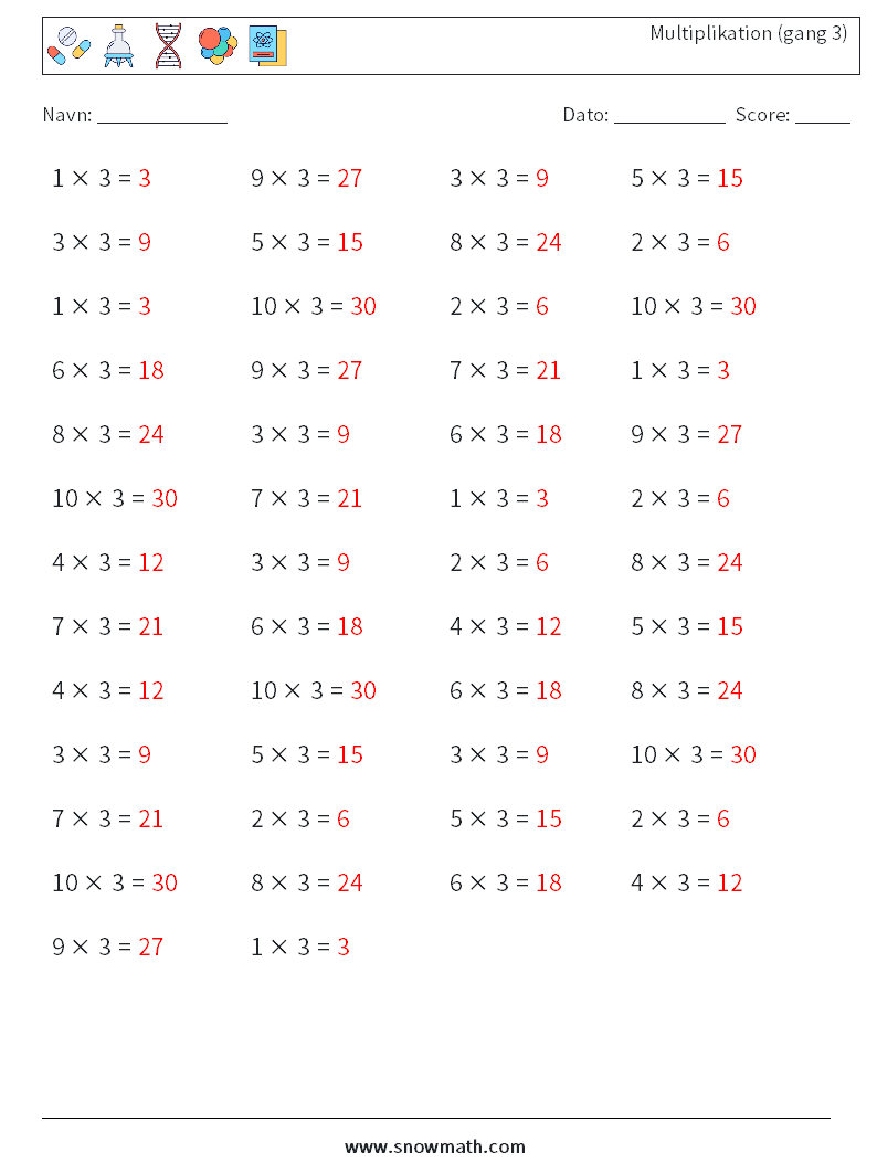 (50) Multiplikation (gang 3) Matematiske regneark 5 Spørgsmål, svar