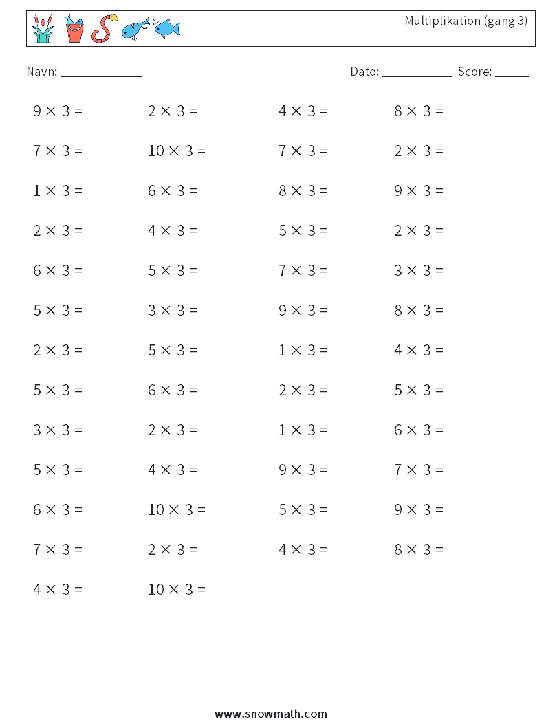 (50) Multiplikation (gang 3) Matematiske regneark 6