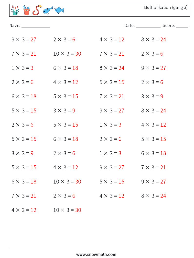 (50) Multiplikation (gang 3) Matematiske regneark 6 Spørgsmål, svar