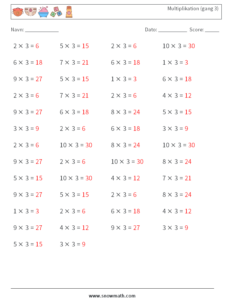 (50) Multiplikation (gang 3) Matematiske regneark 7 Spørgsmål, svar