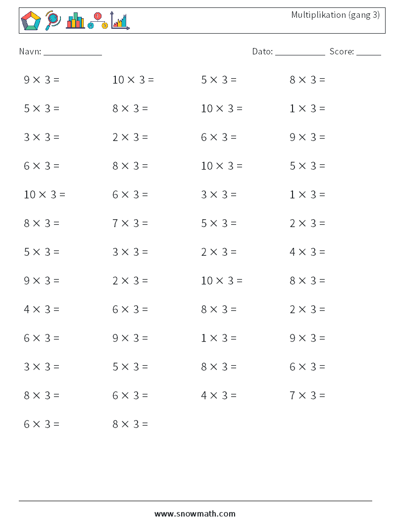 (50) Multiplikation (gang 3) Matematiske regneark 8