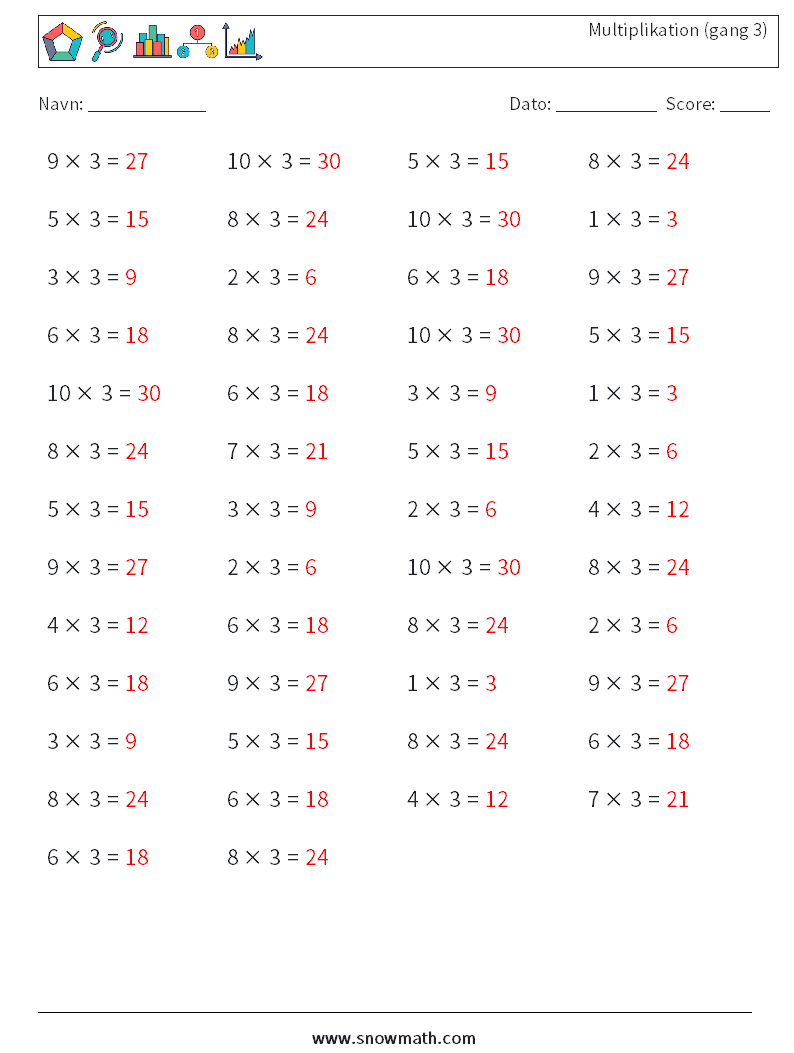 (50) Multiplikation (gang 3) Matematiske regneark 8 Spørgsmål, svar