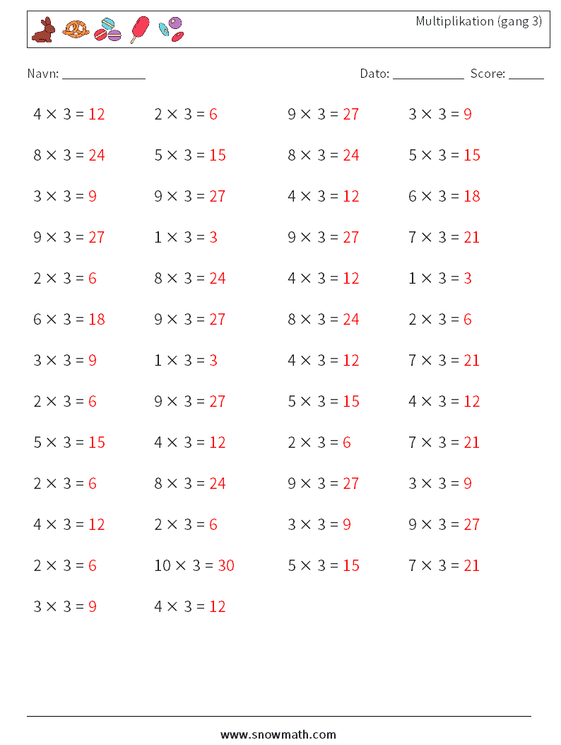 (50) Multiplikation (gang 3) Matematiske regneark 9 Spørgsmål, svar