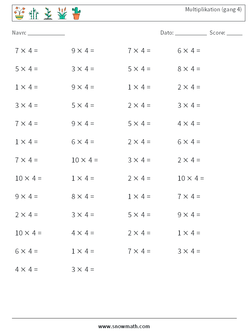 (50) Multiplikation (gang 4) Matematiske regneark 6