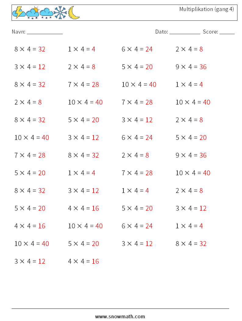 (50) Multiplikation (gang 4) Matematiske regneark 8 Spørgsmål, svar