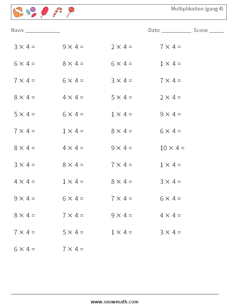 (50) Multiplikation (gang 4) Matematiske regneark 9