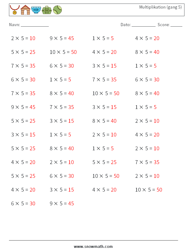 (50) Multiplikation (gang 5) Matematiske regneark 1 Spørgsmål, svar