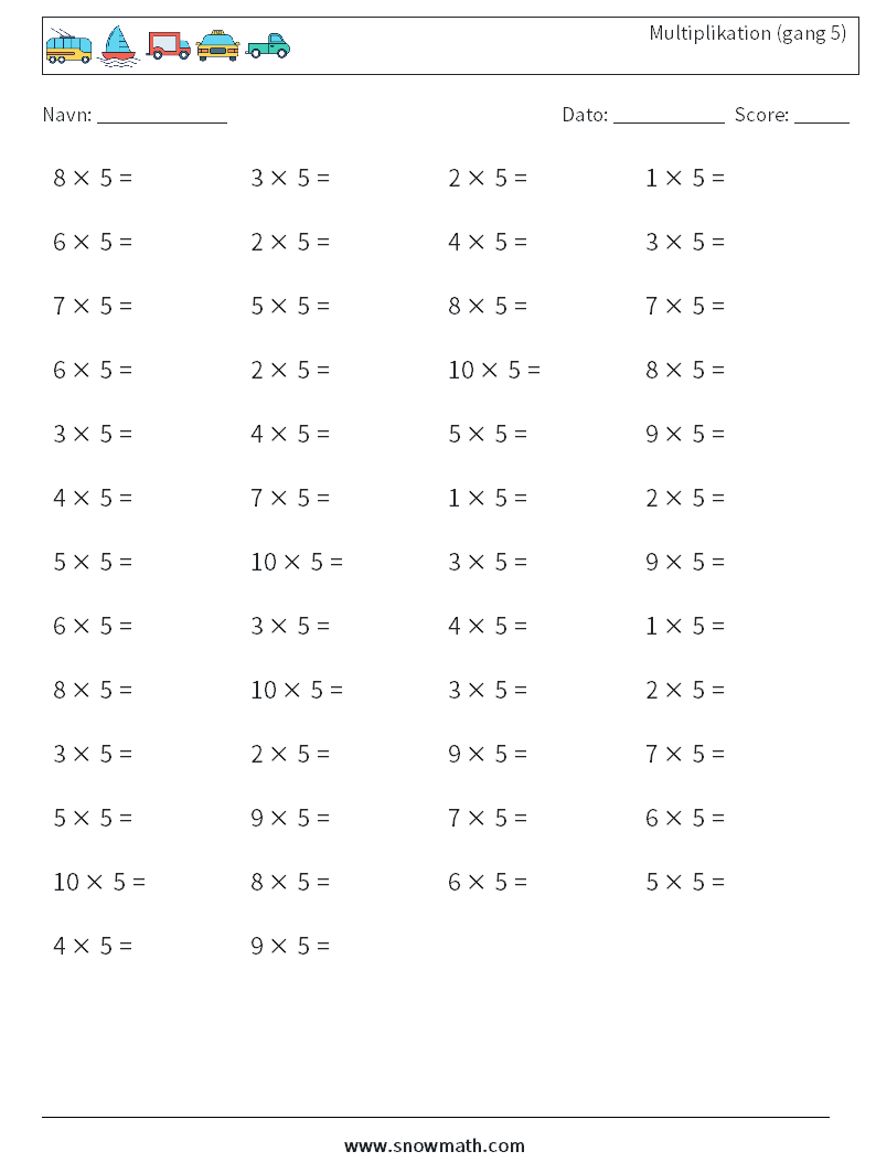 (50) Multiplikation (gang 5) Matematiske regneark 2
