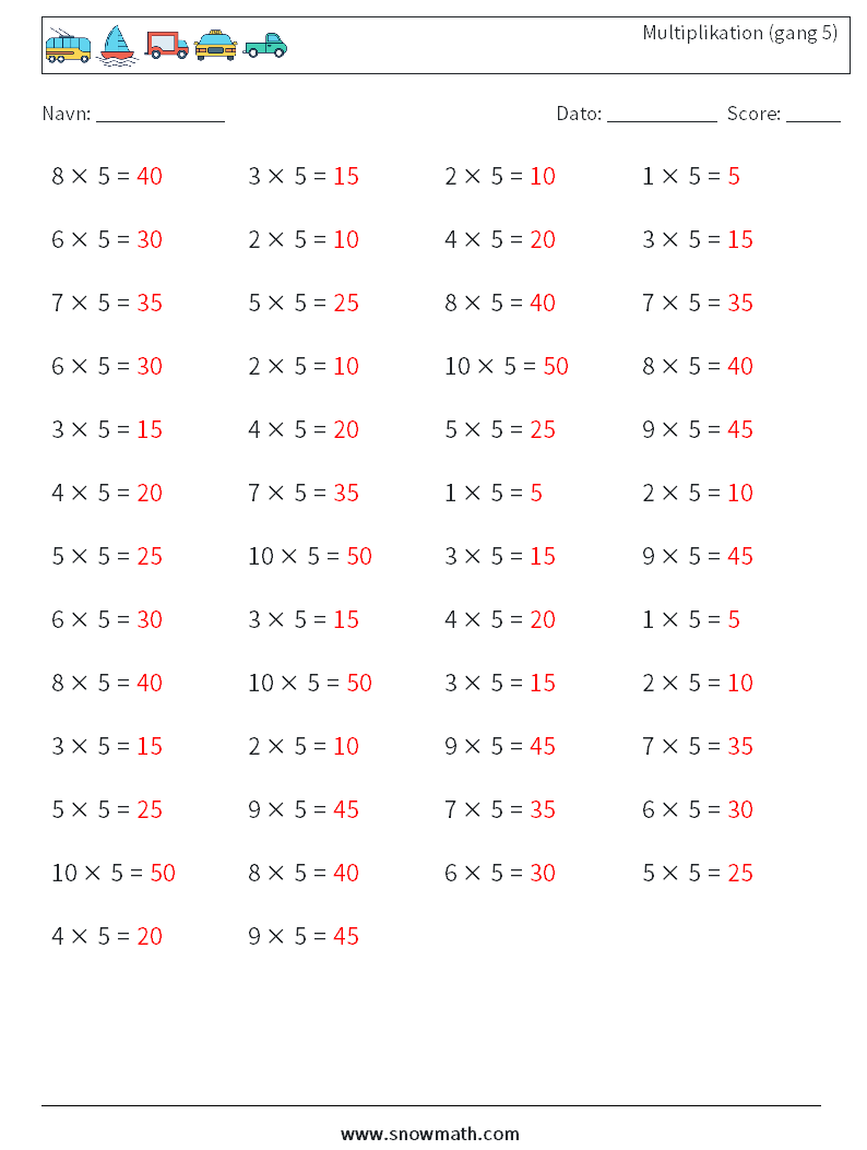 (50) Multiplikation (gang 5) Matematiske regneark 2 Spørgsmål, svar