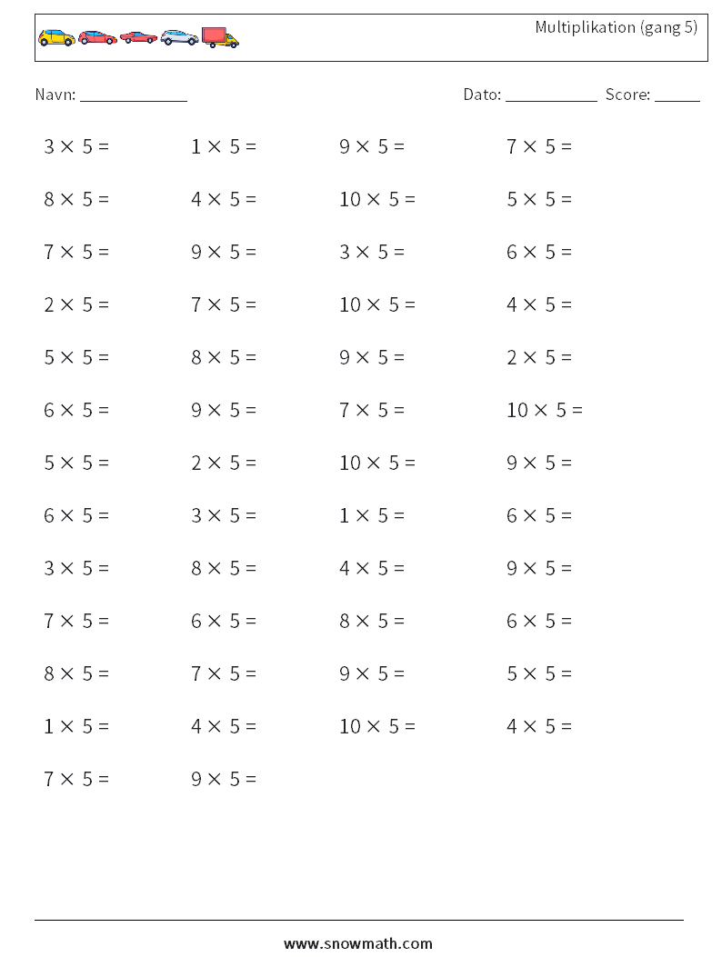 (50) Multiplikation (gang 5) Matematiske regneark 3