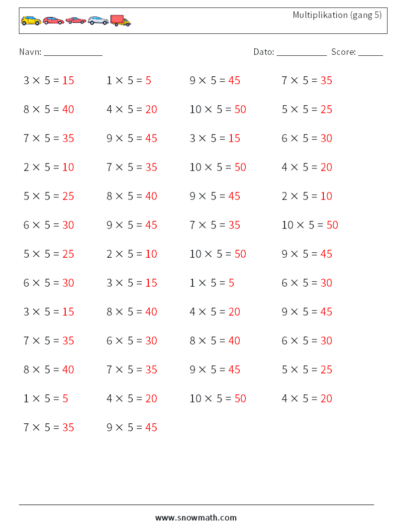 (50) Multiplikation (gang 5) Matematiske regneark 3 Spørgsmål, svar