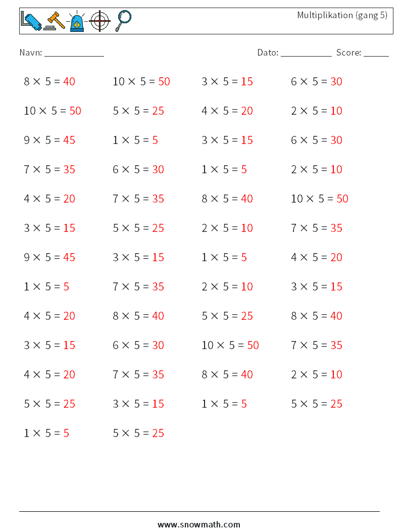 (50) Multiplikation (gang 5) Matematiske regneark 4 Spørgsmål, svar