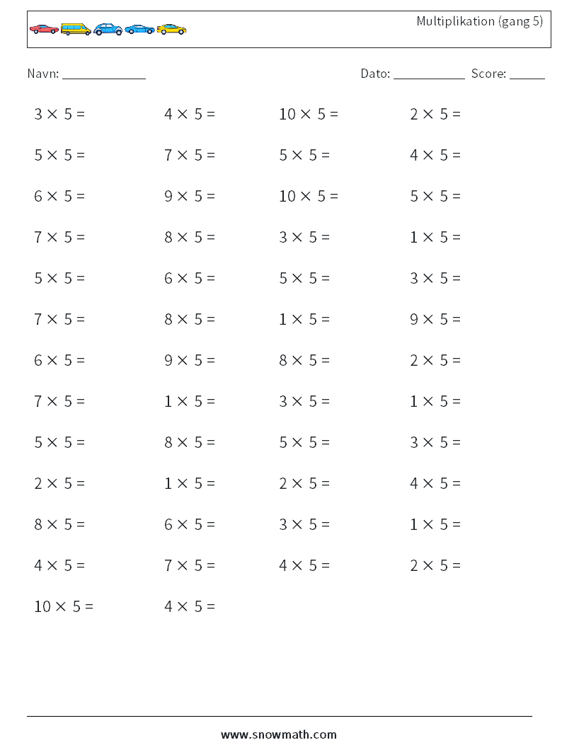 (50) Multiplikation (gang 5) Matematiske regneark 6