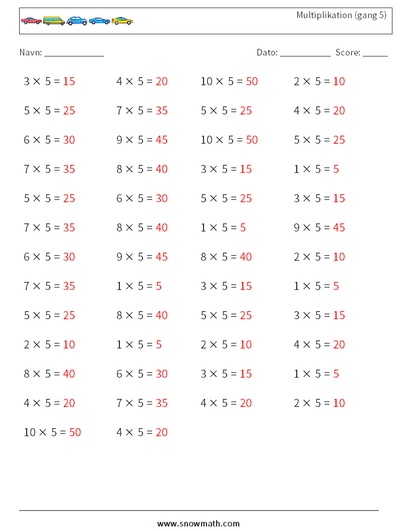 (50) Multiplikation (gang 5) Matematiske regneark 6 Spørgsmål, svar