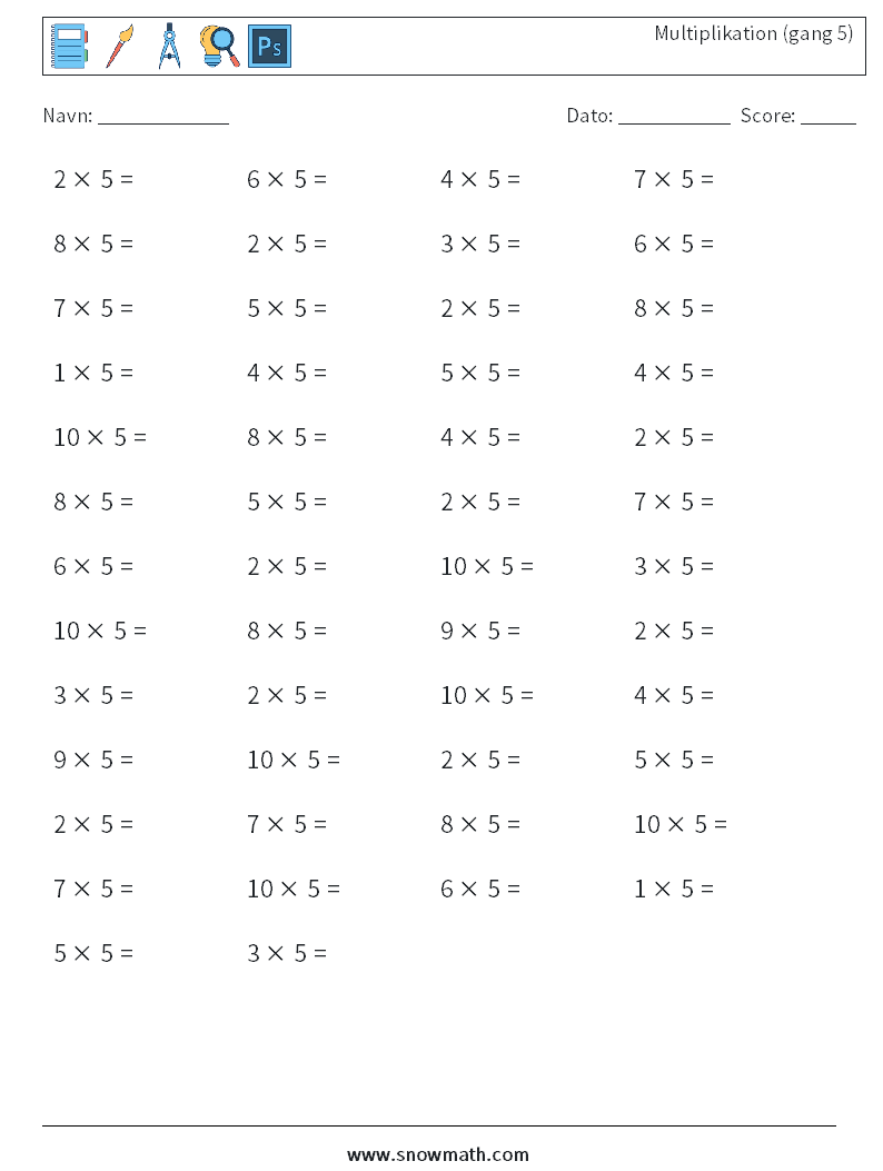 (50) Multiplikation (gang 5) Matematiske regneark 7