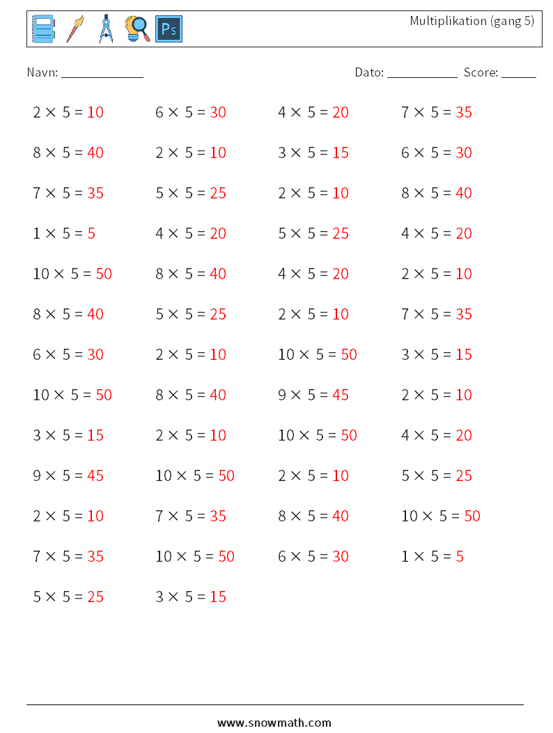 (50) Multiplikation (gang 5) Matematiske regneark 7 Spørgsmål, svar