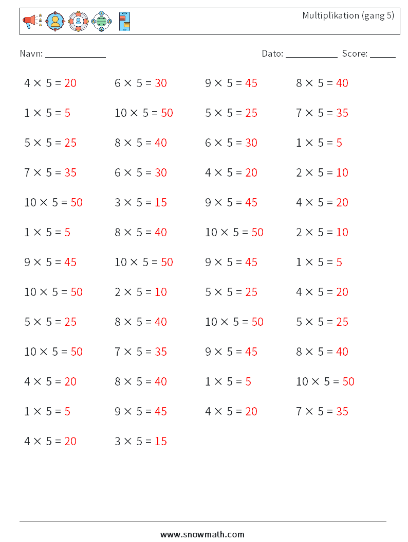 (50) Multiplikation (gang 5) Matematiske regneark 8 Spørgsmål, svar