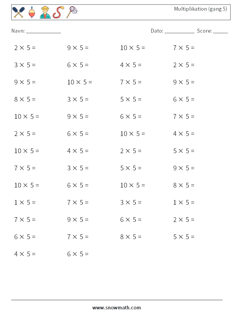 (50) Multiplikation (gang 5) Matematiske regneark 9