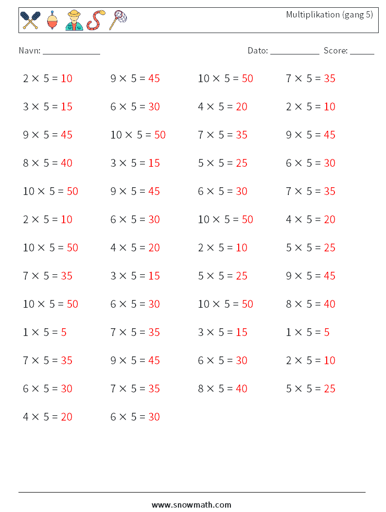 (50) Multiplikation (gang 5) Matematiske regneark 9 Spørgsmål, svar
