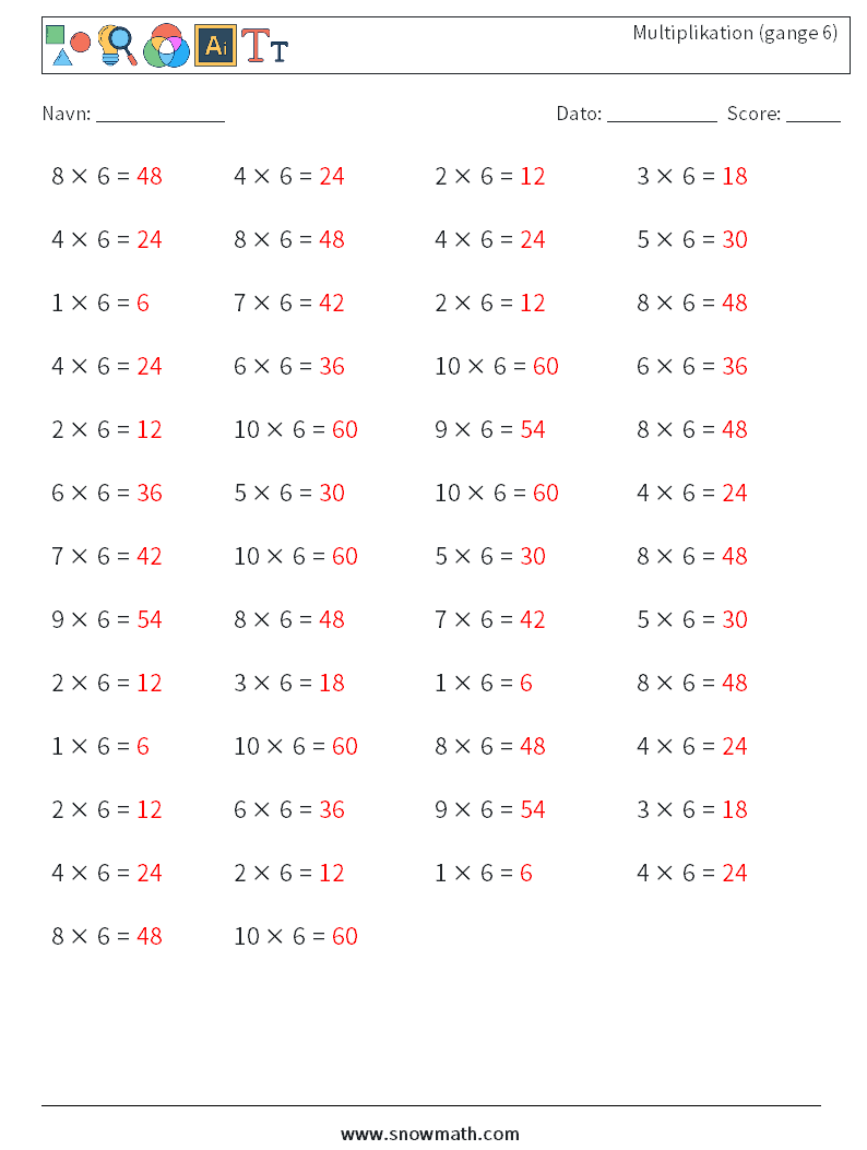 (50) Multiplikation (gange 6) Matematiske regneark 1 Spørgsmål, svar