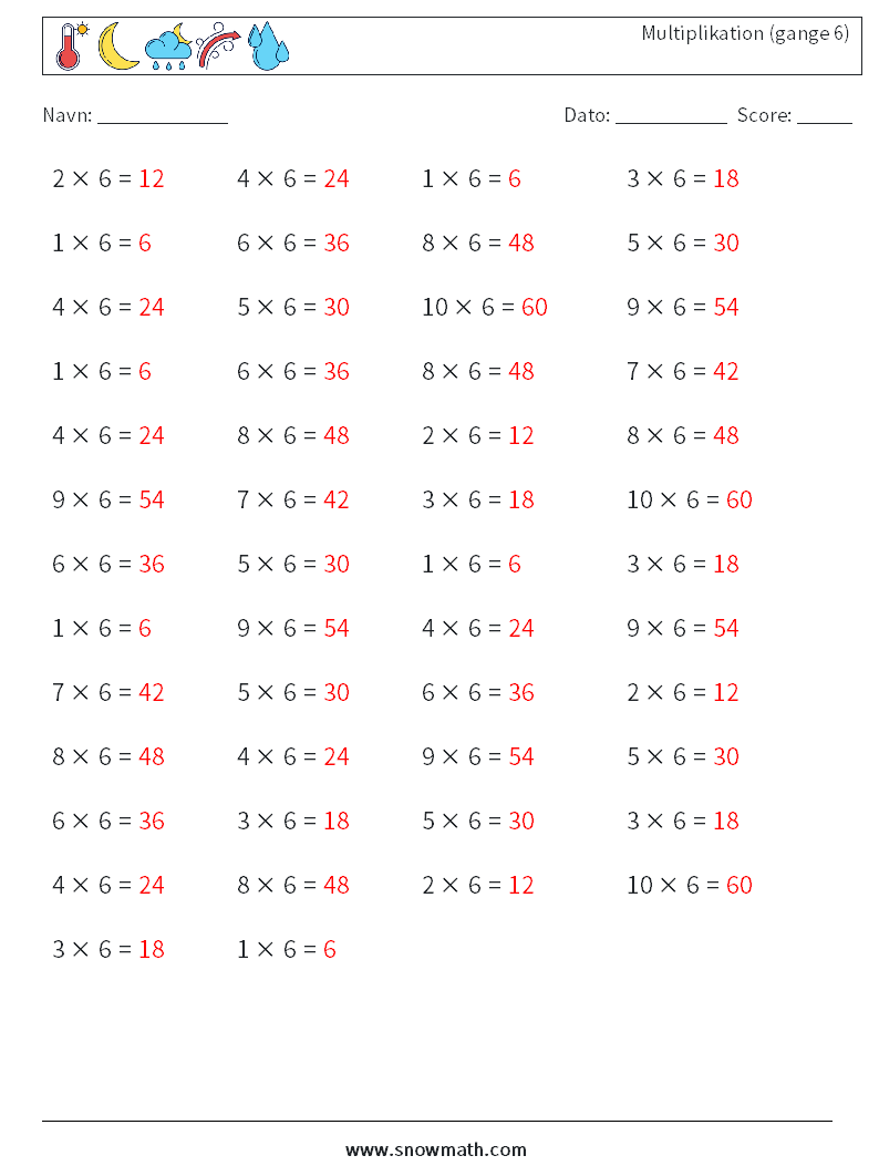 (50) Multiplikation (gange 6) Matematiske regneark 2 Spørgsmål, svar