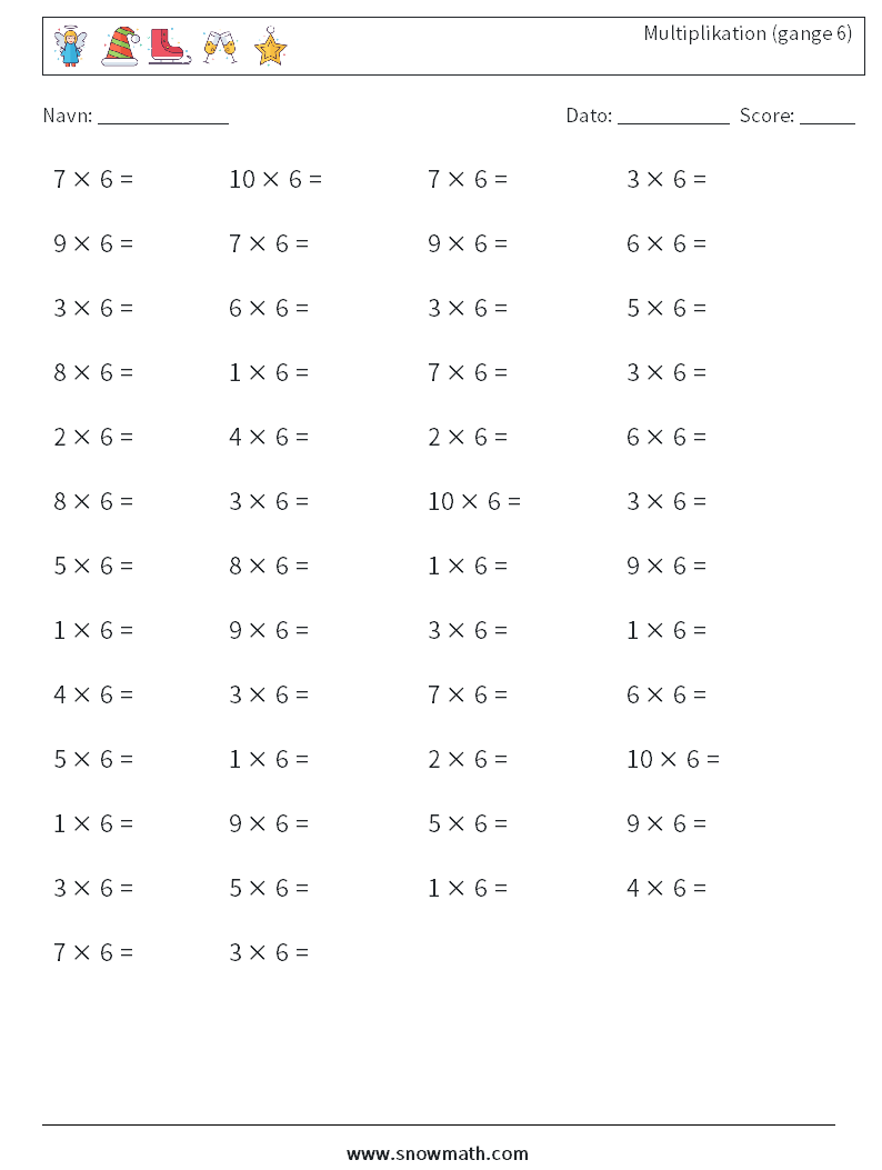 (50) Multiplikation (gange 6) Matematiske regneark 3