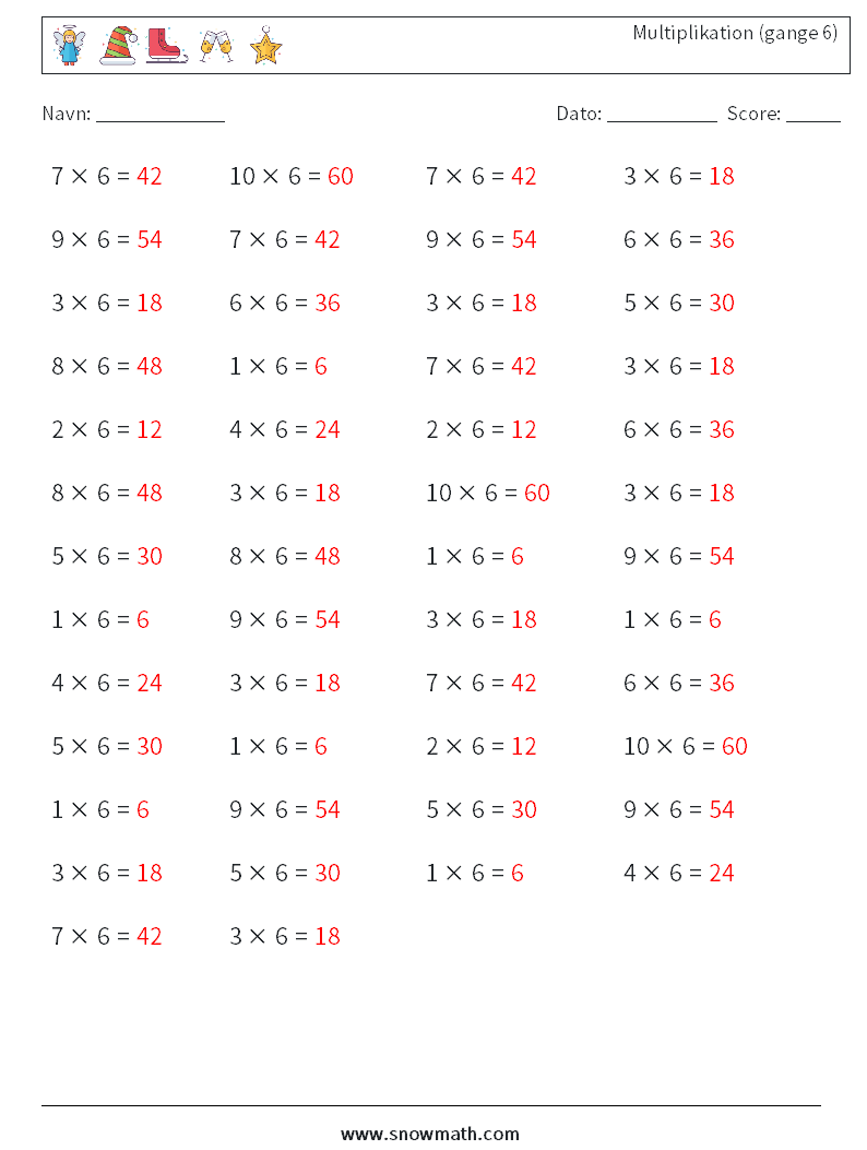 (50) Multiplikation (gange 6) Matematiske regneark 3 Spørgsmål, svar