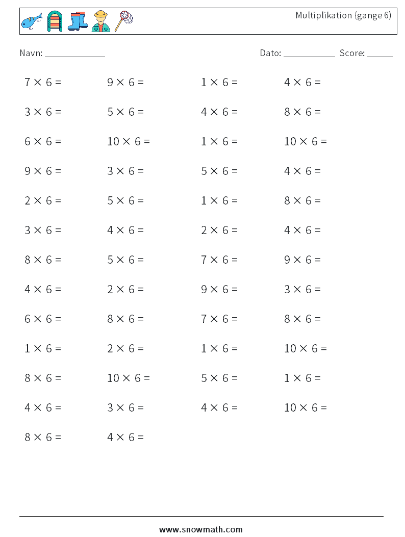 (50) Multiplikation (gange 6) Matematiske regneark 5