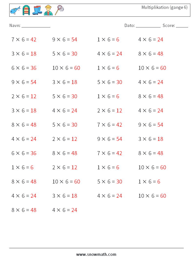 (50) Multiplikation (gange 6) Matematiske regneark 5 Spørgsmål, svar