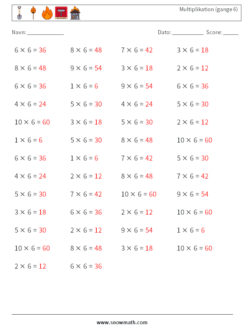 (50) Multiplikation (gange 6) Matematiske regneark 7 Spørgsmål, svar