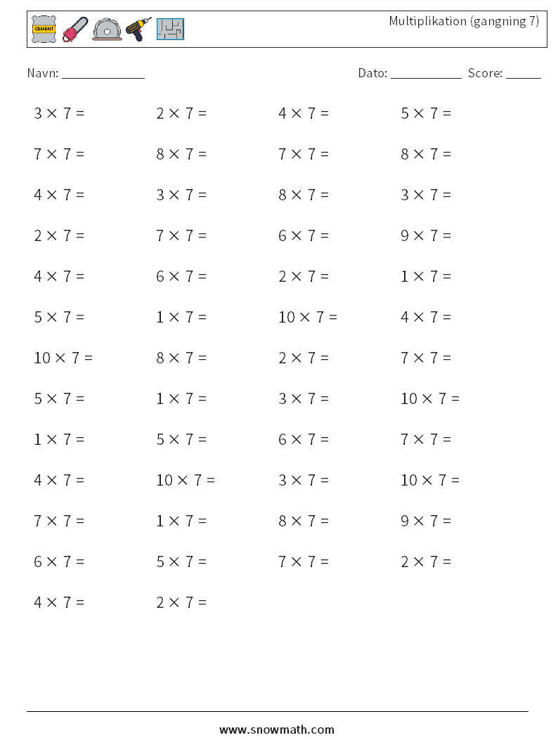 (50) Multiplikation (gangning 7) Matematiske regneark 1