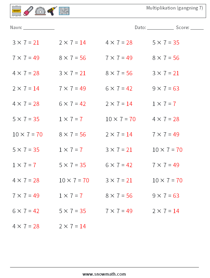 (50) Multiplikation (gangning 7) Matematiske regneark 1 Spørgsmål, svar