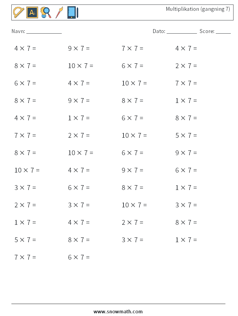 (50) Multiplikation (gangning 7) Matematiske regneark 2