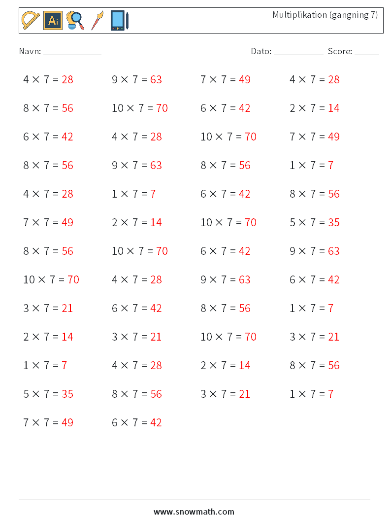 (50) Multiplikation (gangning 7) Matematiske regneark 2 Spørgsmål, svar
