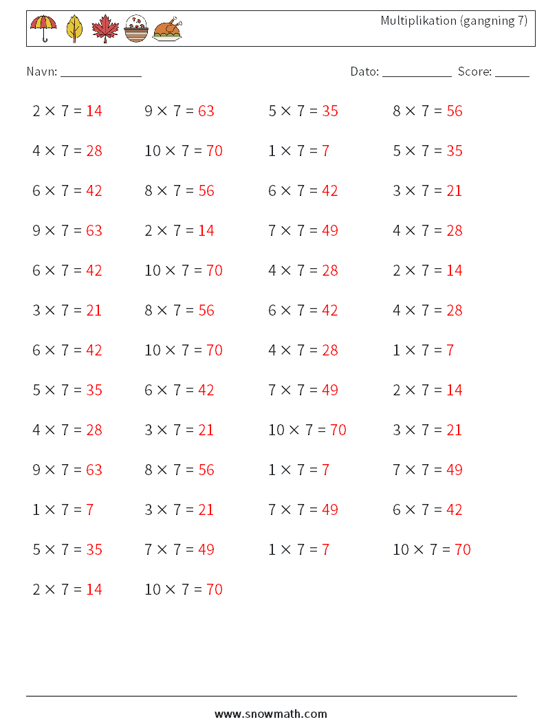 (50) Multiplikation (gangning 7) Matematiske regneark 4 Spørgsmål, svar