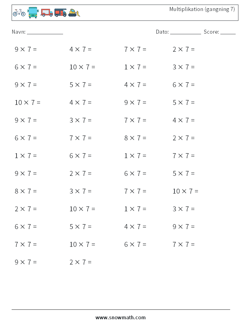 (50) Multiplikation (gangning 7) Matematiske regneark 5