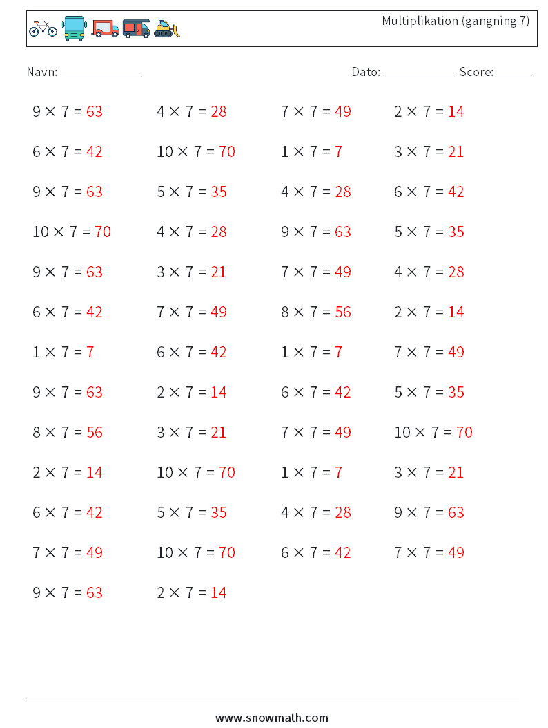 (50) Multiplikation (gangning 7) Matematiske regneark 5 Spørgsmål, svar