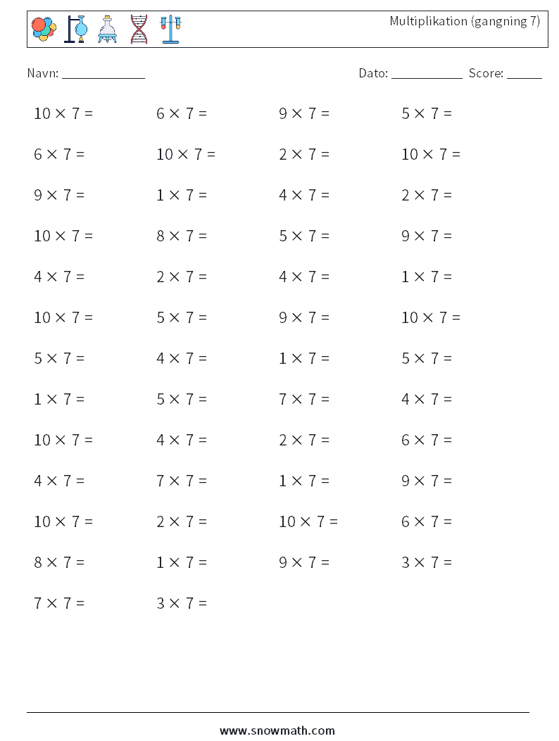 (50) Multiplikation (gangning 7) Matematiske regneark 7