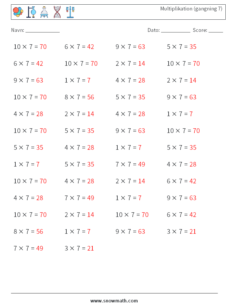 (50) Multiplikation (gangning 7) Matematiske regneark 7 Spørgsmål, svar