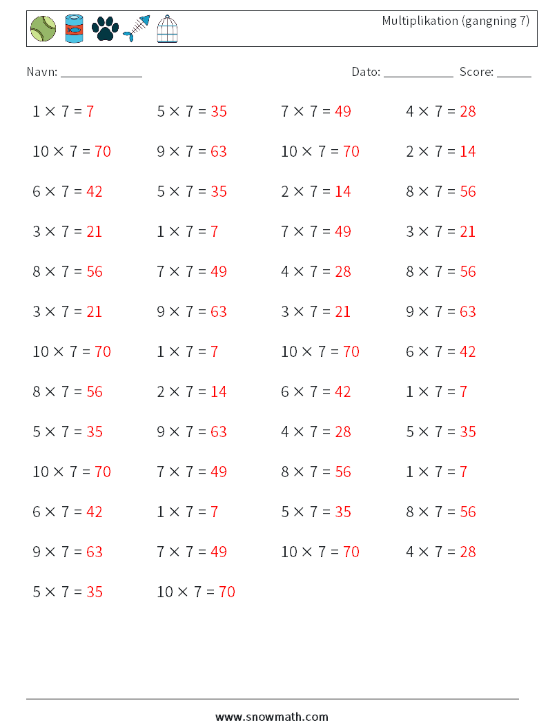 (50) Multiplikation (gangning 7) Matematiske regneark 8 Spørgsmål, svar